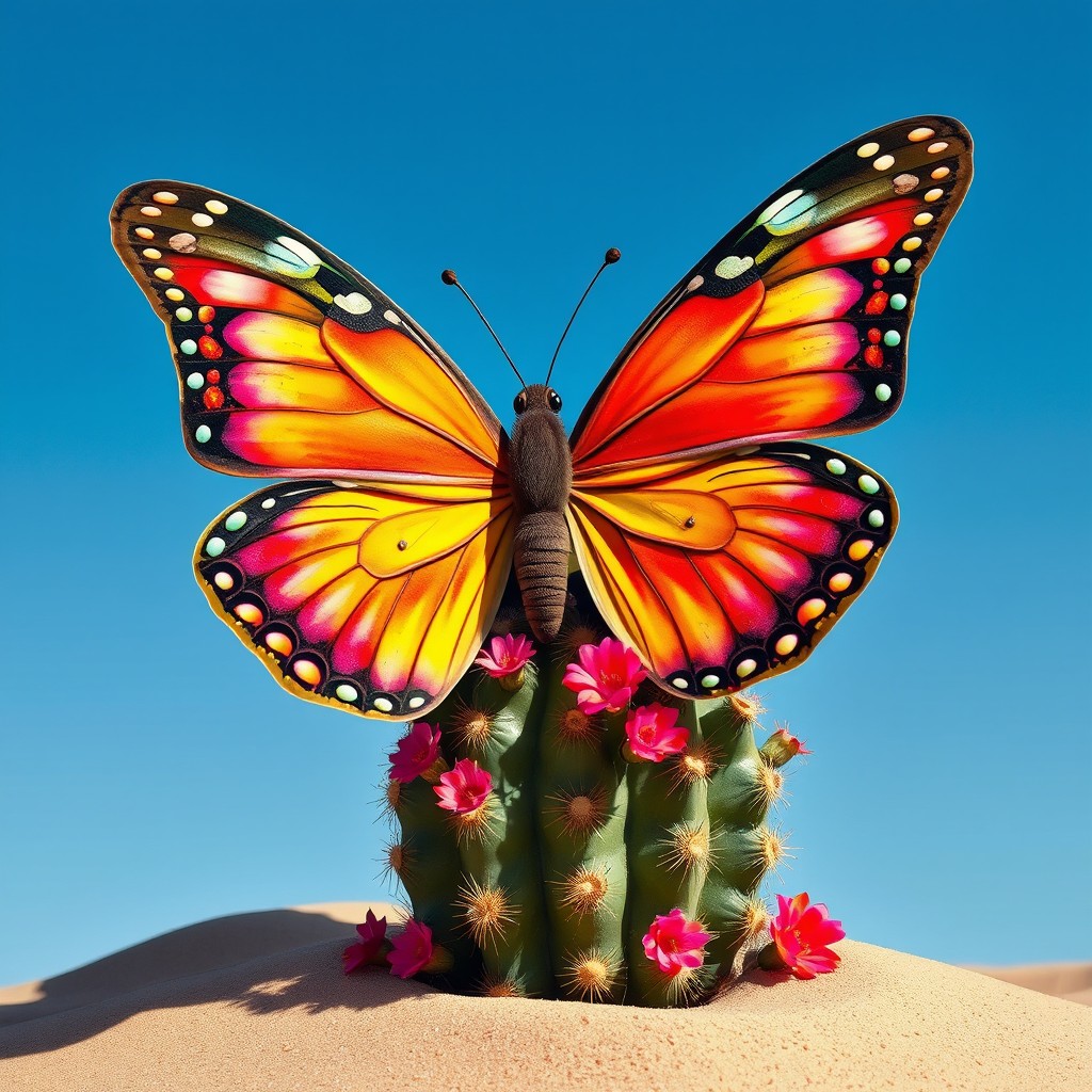 An imaginative and whimsical blend of a butterfly and a cactus, the butterfly has vibrant, multicolored wings adorned with stunning patterns that mimic the spines and textures of a cactus