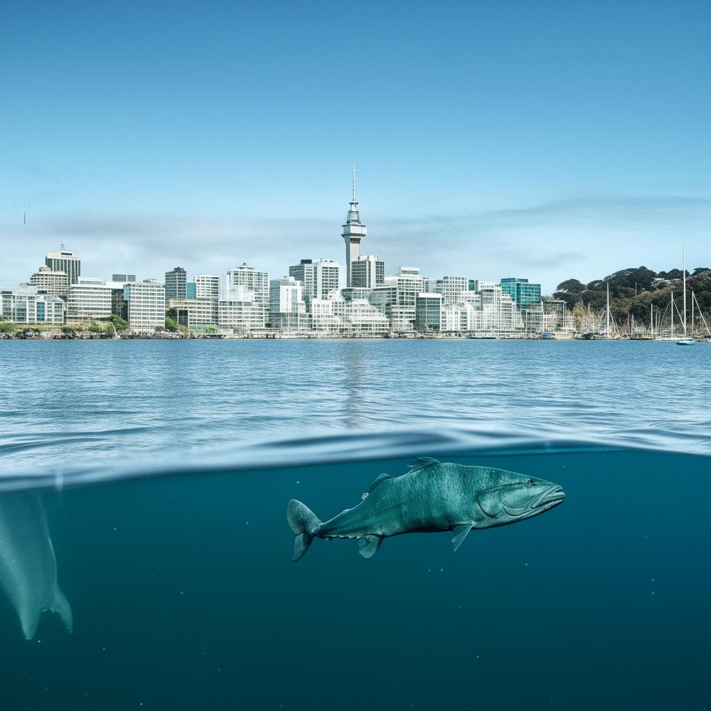 A gigantic fish swimming amidst the pristine waters of Wellington Harbor, NZ with the city's captivating skyline in the backdrop.