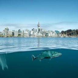 A gigantic fish swimming amidst the pristine waters of Wellington Harbor, NZ with the city's captivating skyline in the backdrop.