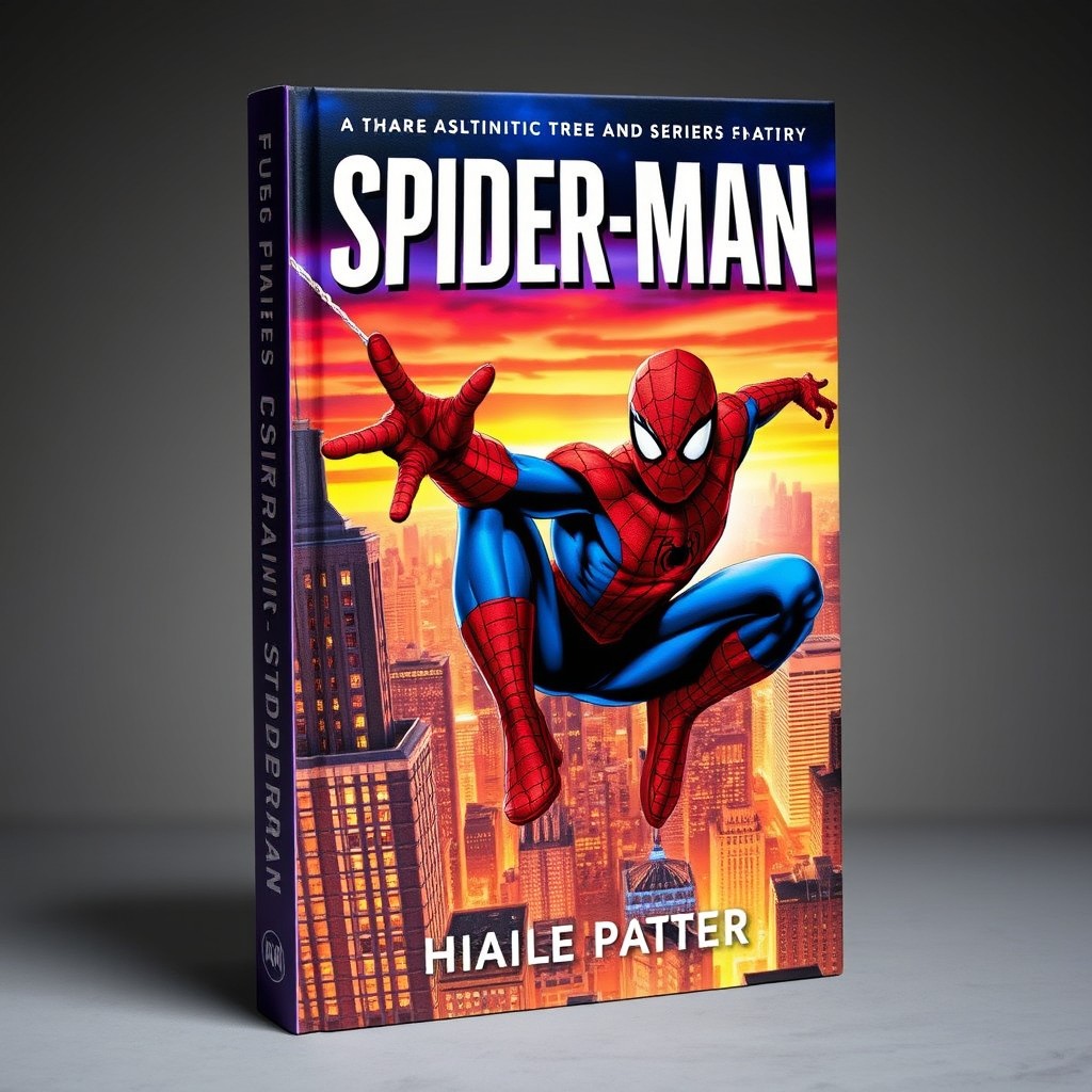 A dynamic and striking book cover featuring a stylized version of a superhero resembling Spider-Man, swinging through a vibrant city skyline