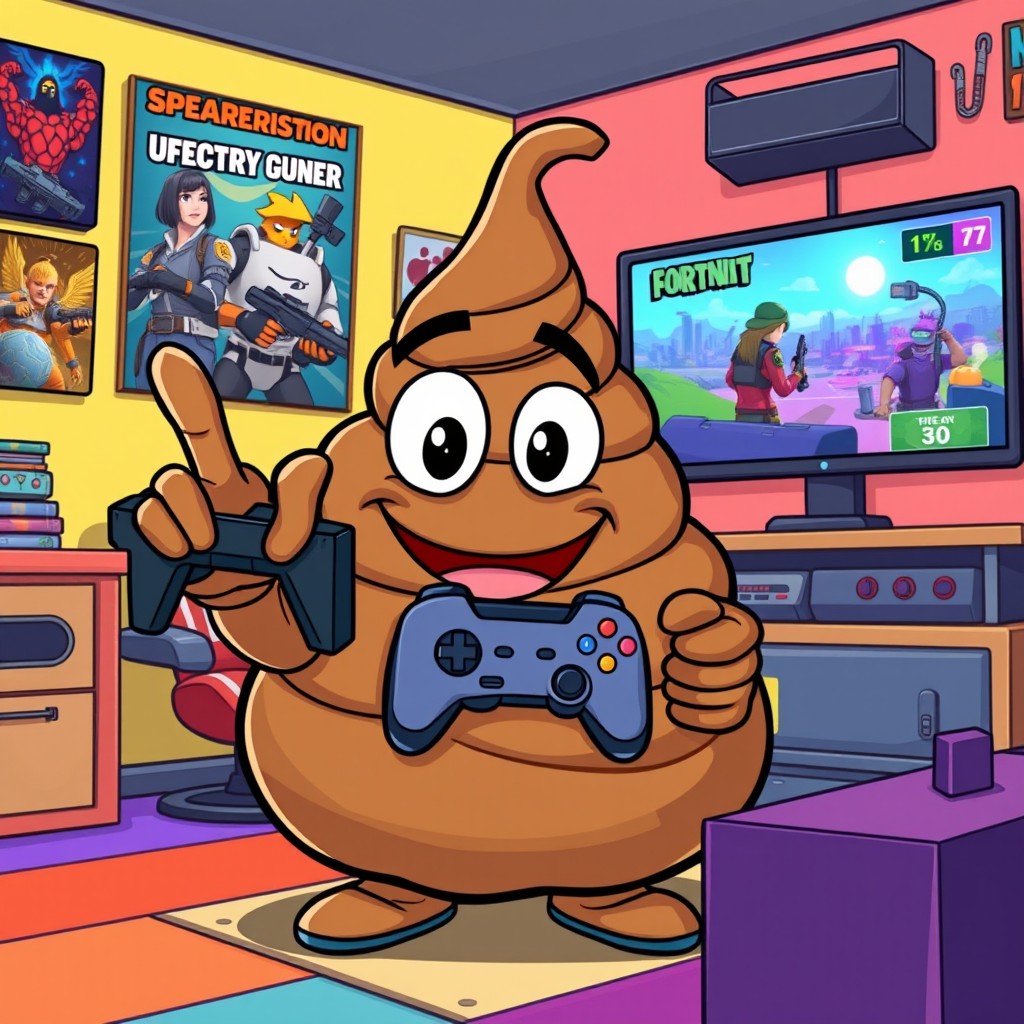 A cartoonish illustration of a smiling pile of poop character, humorously holding a video game controller in one hand while playfully showing the middle finger with the other hand