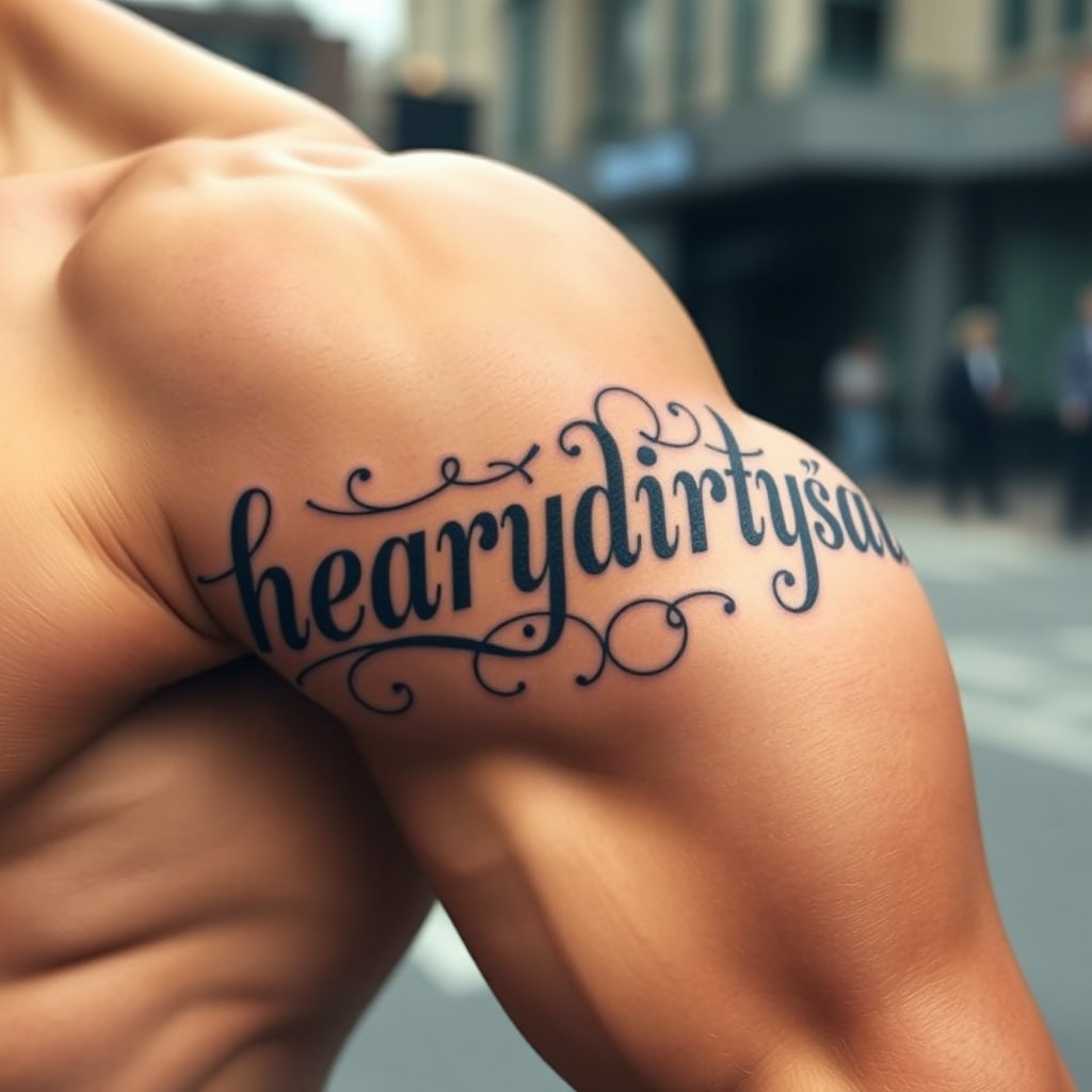 A detailed tattoo design featuring the text 'heavydirtysøul' elegantly inscribed on a muscular bicep