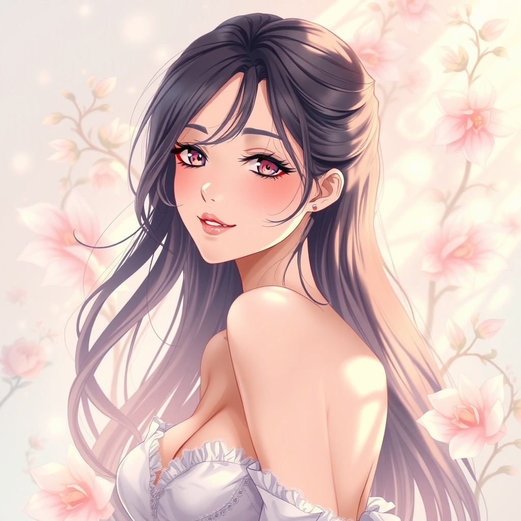 A stunning anime-style illustration of a beautiful woman, elegantly posed with an artistic interpretation of light and shadow