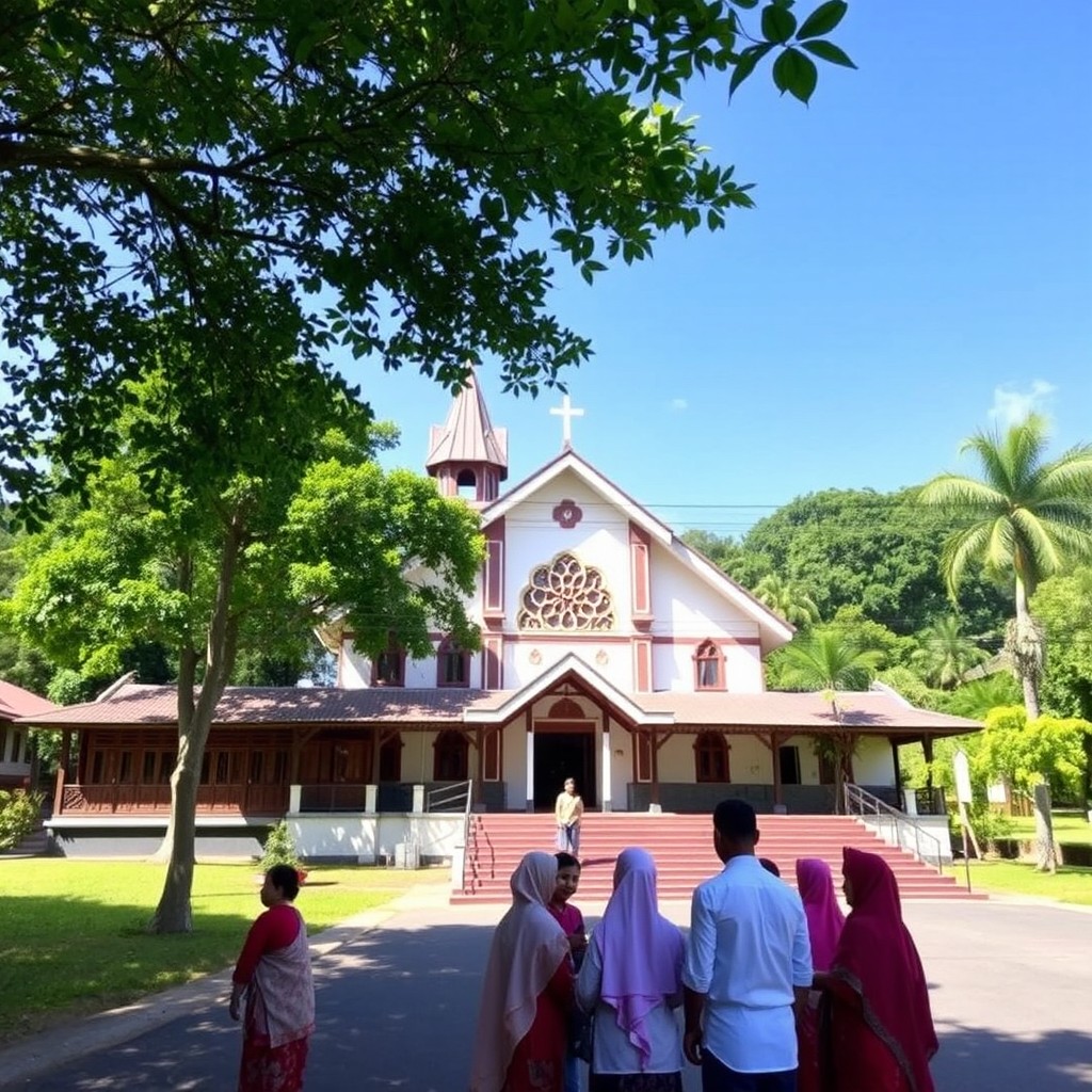 A scenic view of the Gereja Kristen Jawa (GKJ) Nguter church, surrounded by lush greenery and traditional Javanese architecture