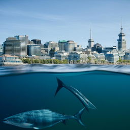 A gigantic fish swimming amidst the pristine waters of Wellington Harbor, NZ with the city's captivating skyline in the backdrop.