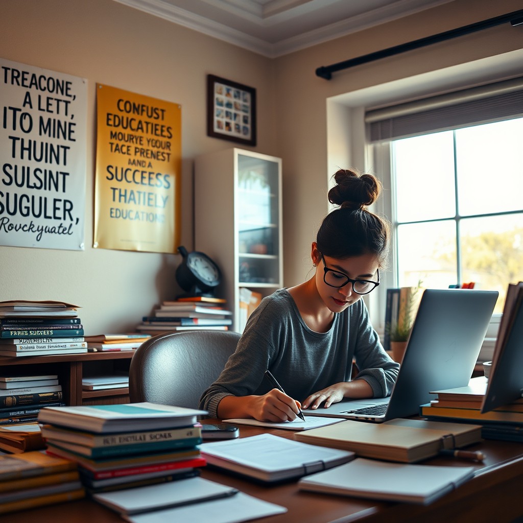 A focused and studious young woman sitting at a desk cluttered with books, notes, and a laptop