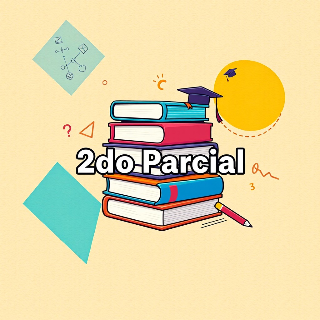 An artistic cover design for a second semester exam, featuring an illustration of a stack of books, a notebook, and a pen with vibrant colors