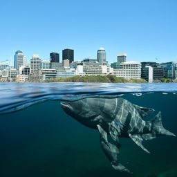 A gigantic fish swimming amidst the pristine waters of Wellington Harbor, NZ with the city's captivating skyline in the backdrop.