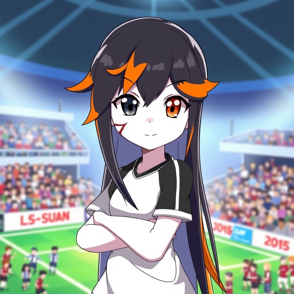 An adolescent female character inspired by Inazuma Eleven, with white skin and long black hair featuring a striking orange streak
