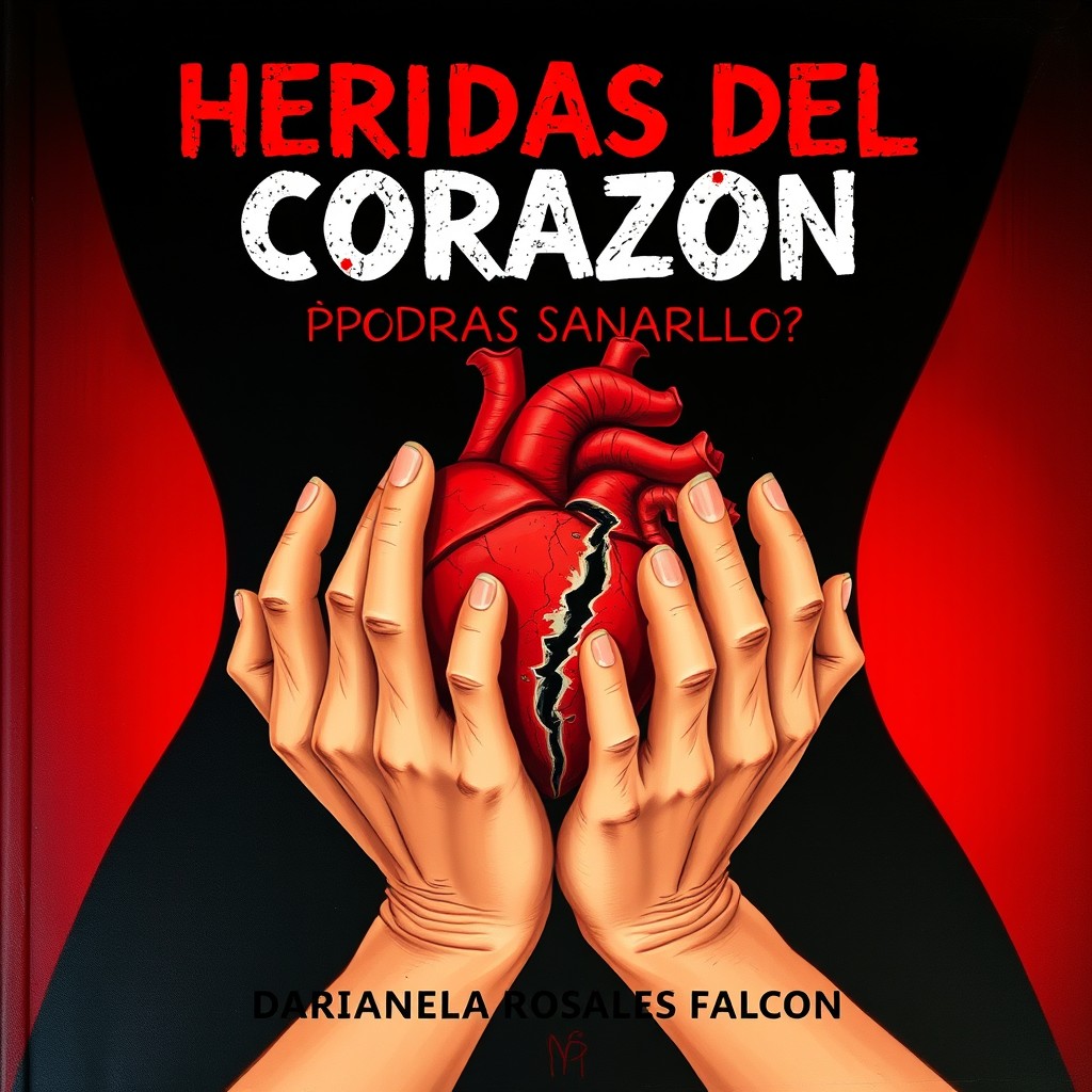 A striking image featuring a black background with a gradient transitioning to red, at the center of the composition are the hands of a woman, visibly damaged with scratches and wounds