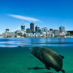 A gigantic fish swimming amidst the pristine waters of Wellington Harbor, NZ with the city's captivating skyline in the backdrop.