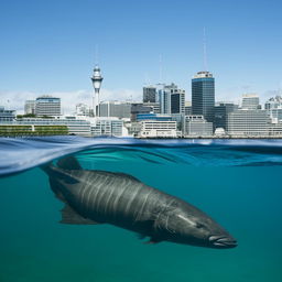 A gigantic fish gracefully swimming in the clear waters of Wellington Harbor, with the city skyline in the background.