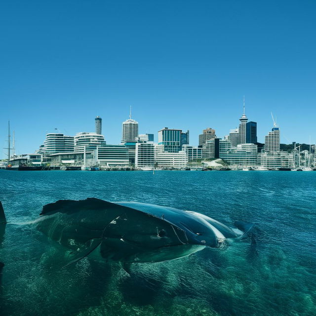 A gigantic fish gracefully swimming in the clear waters of Wellington Harbor, with the city skyline in the background.