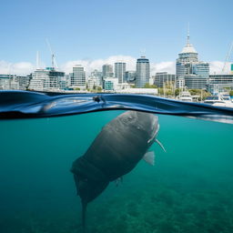 A gigantic fish gracefully swimming in the clear waters of Wellington Harbor, with the city skyline in the background.