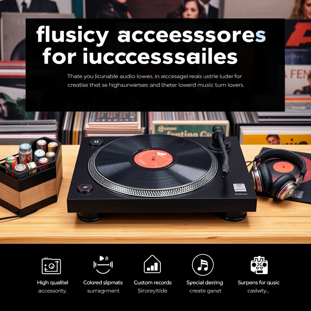 A visually striking image representing a company specializing in accessories for turntables, featuring a beautifully designed turntable with high-quality audio accessories around it, such as colored slipmats, custom record storage, and stylish DJ headphones