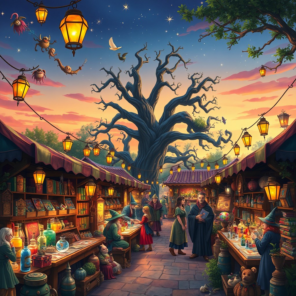 A vibrant and enchanting magic market scene filled with colorful stalls brimming with mystical items