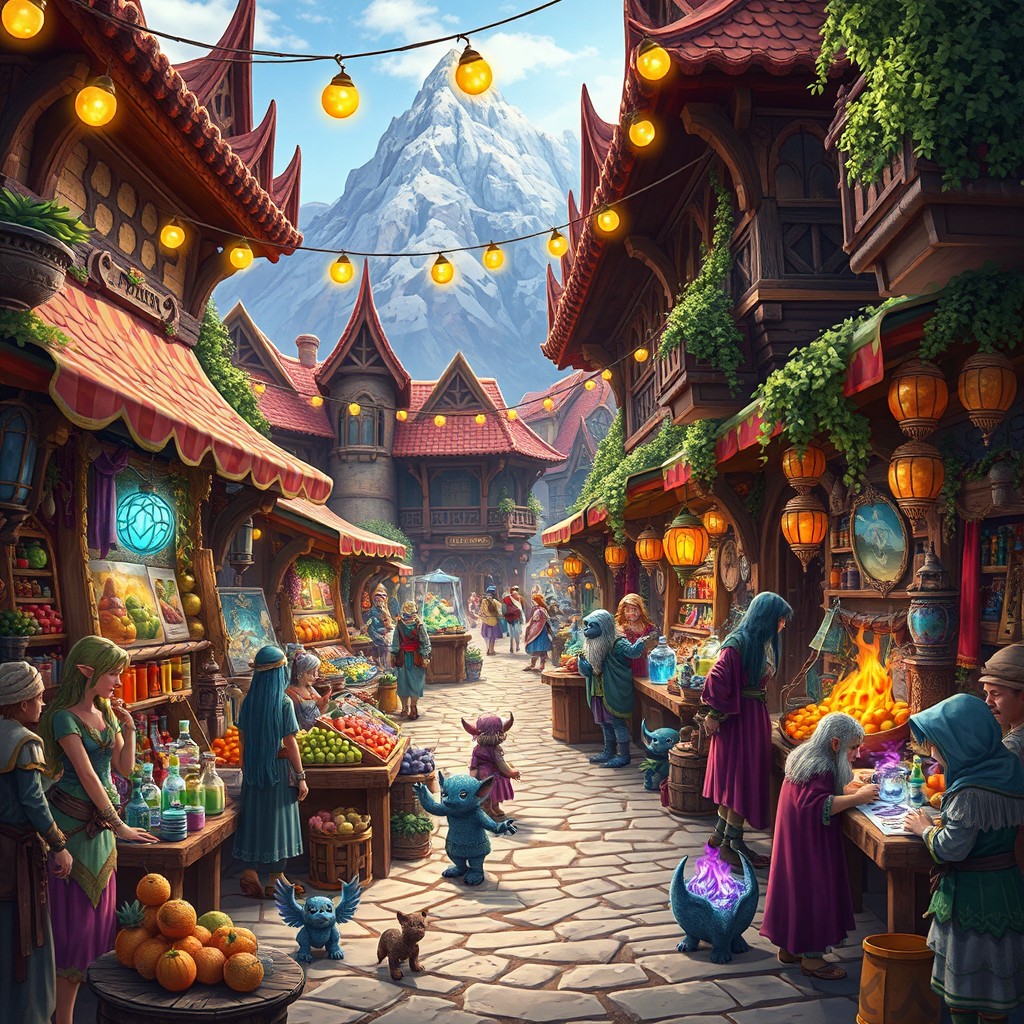 A vibrant fantasy market bustling with diverse magical creatures and colorful stalls