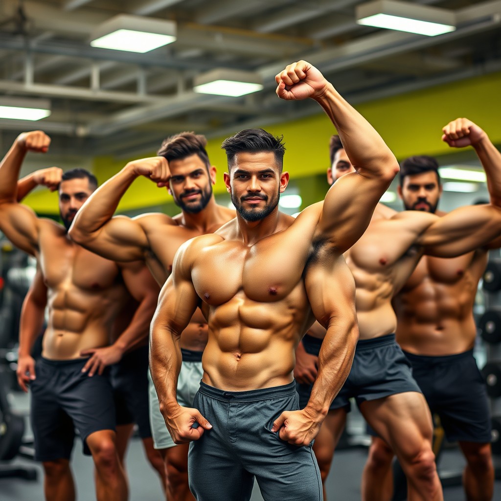 A group of muscular men showcasing their impressive physiques, each displaying a confident stance