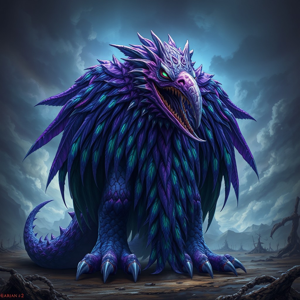 A massive, imposing figure of a Big Evil Lord of Change from the Warhammer 40K universe, featuring vibrant violet skin and intricate, otherworldly patterns