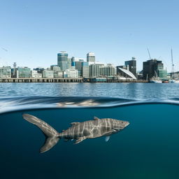 A gigantic fish gracefully swimming in the clear waters of Wellington Harbor, with the city skyline in the background.