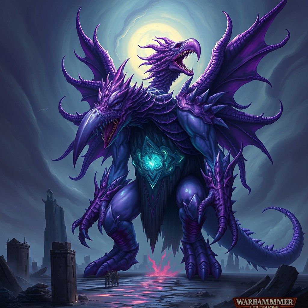 A colossal, majestic Lord of Change from Warhammer 40K, portrayed in vibrant violet hues