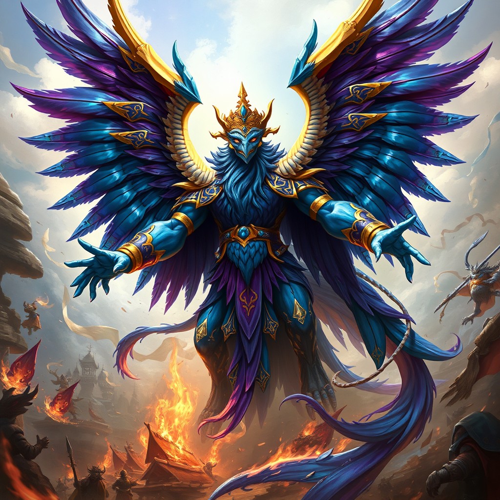 A magnificent Lord of Change from the Warhammer universe, depicted as a towering, regal figure with vibrant, multicolored plumage, reflecting shades of blue, purple, and gold