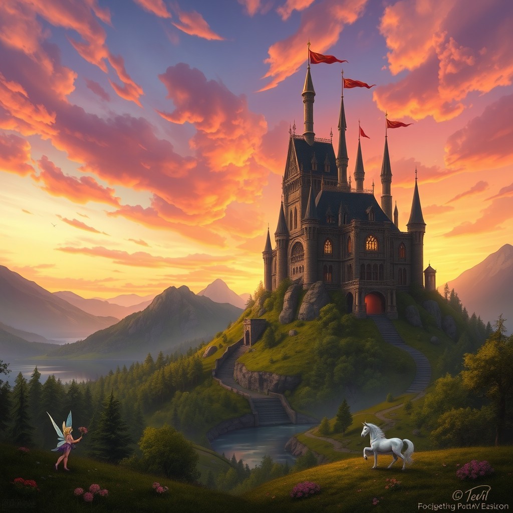 An enchanting fantasy landscape featuring a majestic castle on a hill, surrounded by lush green forests and a tranquil river