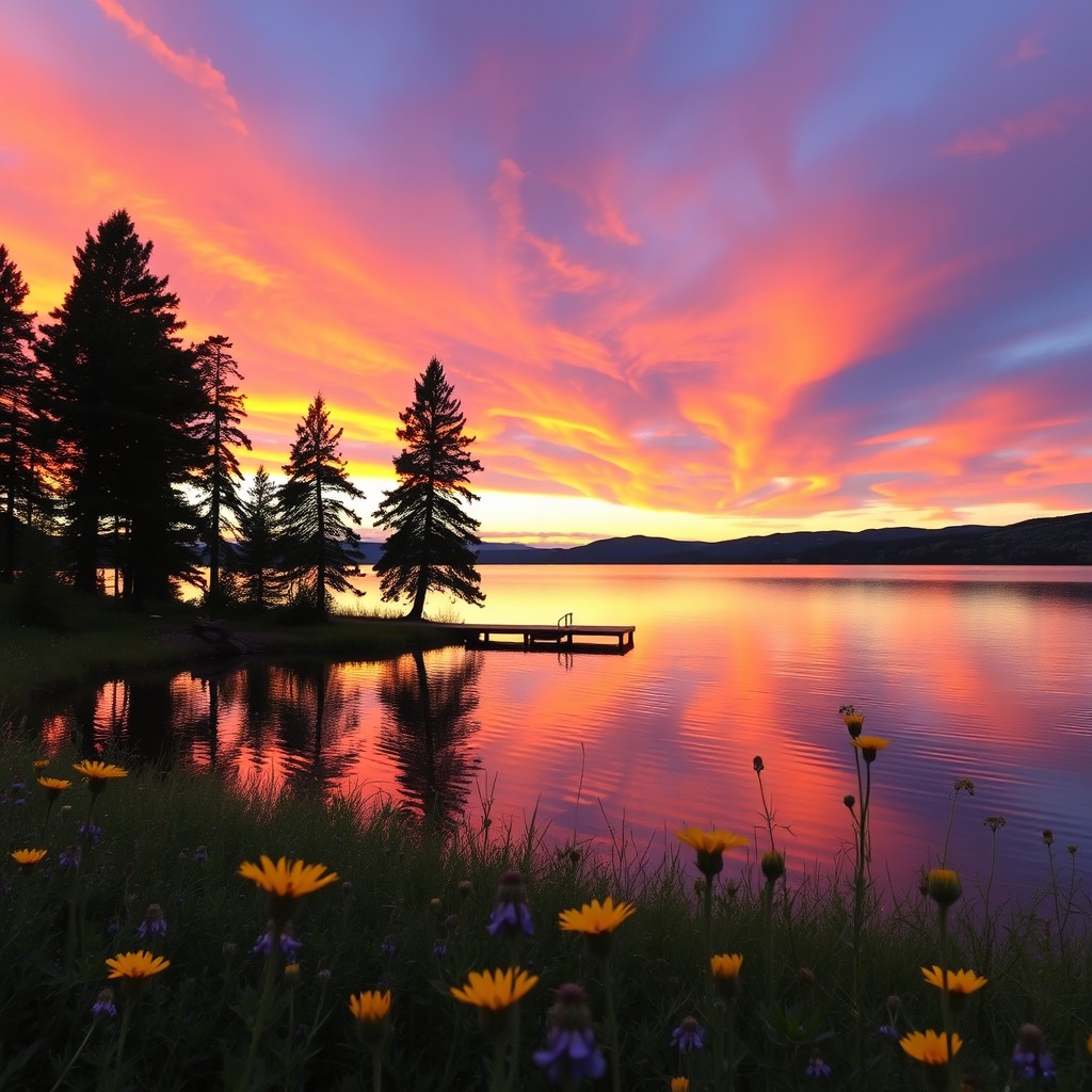 Breathtaking Sunset Over Tranquil Lake - A Serene Landscape