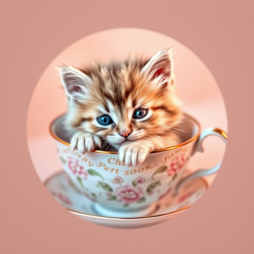 A charming and adorable kitten snugly resting inside a delicate teacup, showcasing its fluffy fur and bright, curious eyes