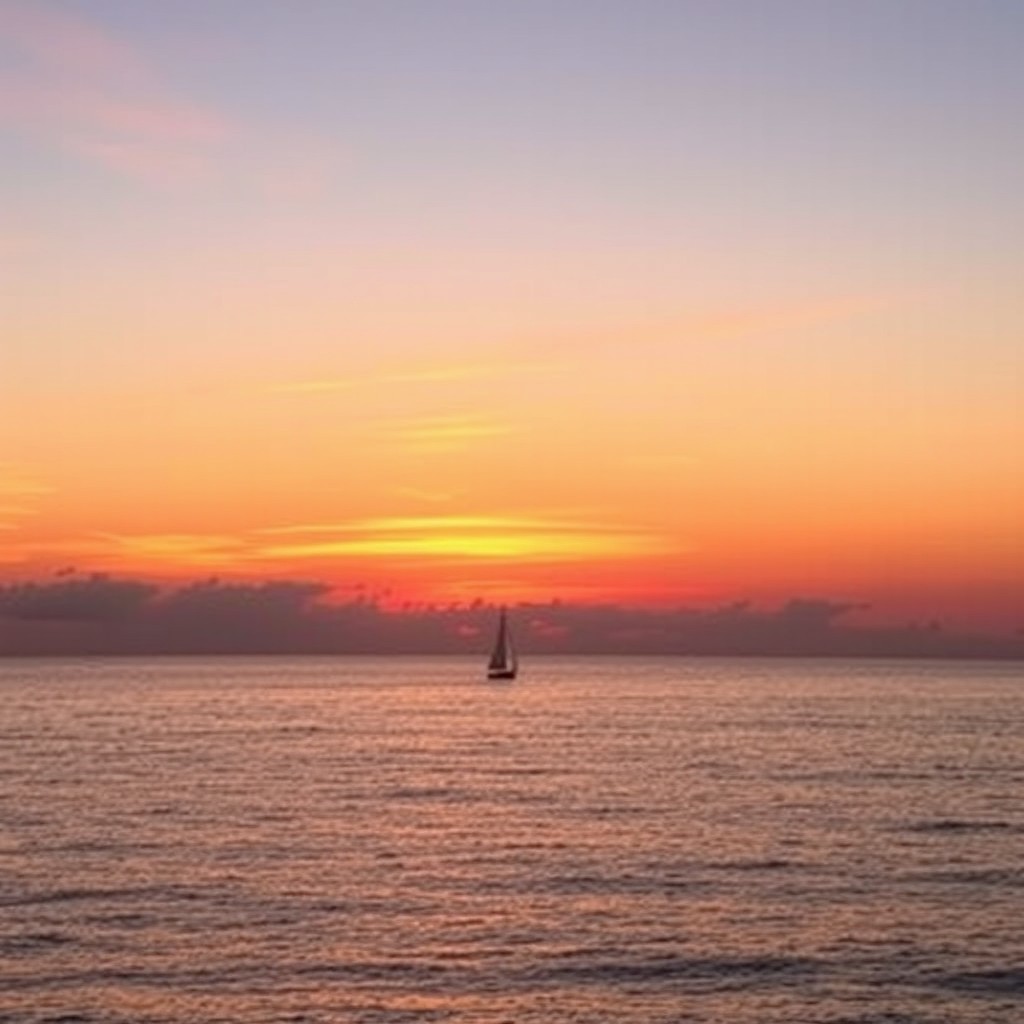 A tranquil sunset over a calm ocean, featuring rich orange and pink hues reflecting on the water's surface