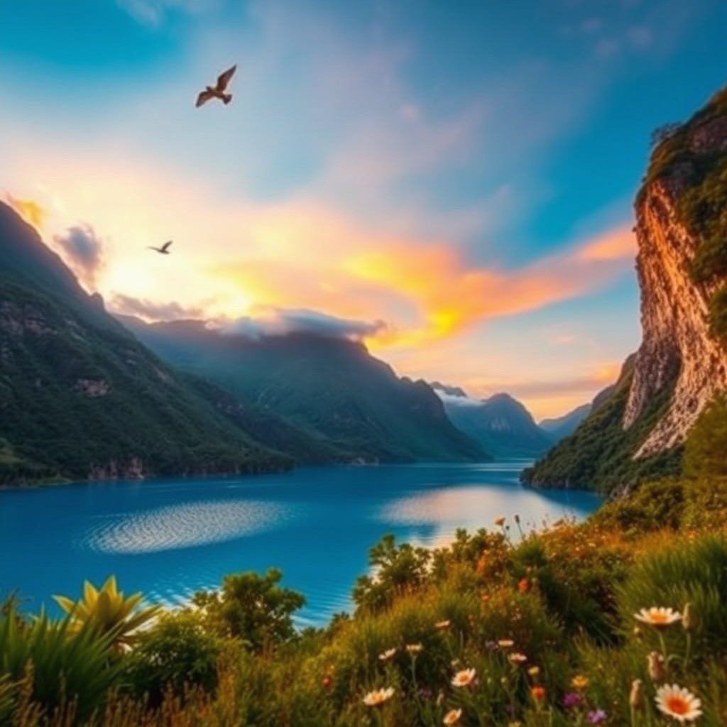A stunning scene featuring a beautiful, exotic landscape with lush greenery and towering cliffs