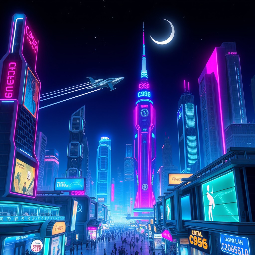 A futuristic cityscape at night, designated as 'C936', featuring towering skyscrapers illuminated with neon lights in vibrant blues, purples, and pinks