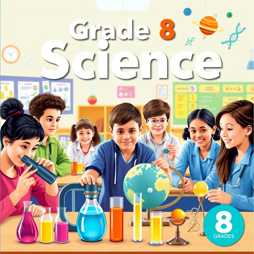 A visually engaging cover design for a Grade 8 Science textbook