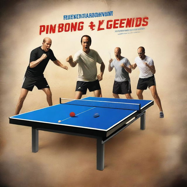 A high-quality digital art depicting a cinematic movie poster for 'Ping Pong Legends'