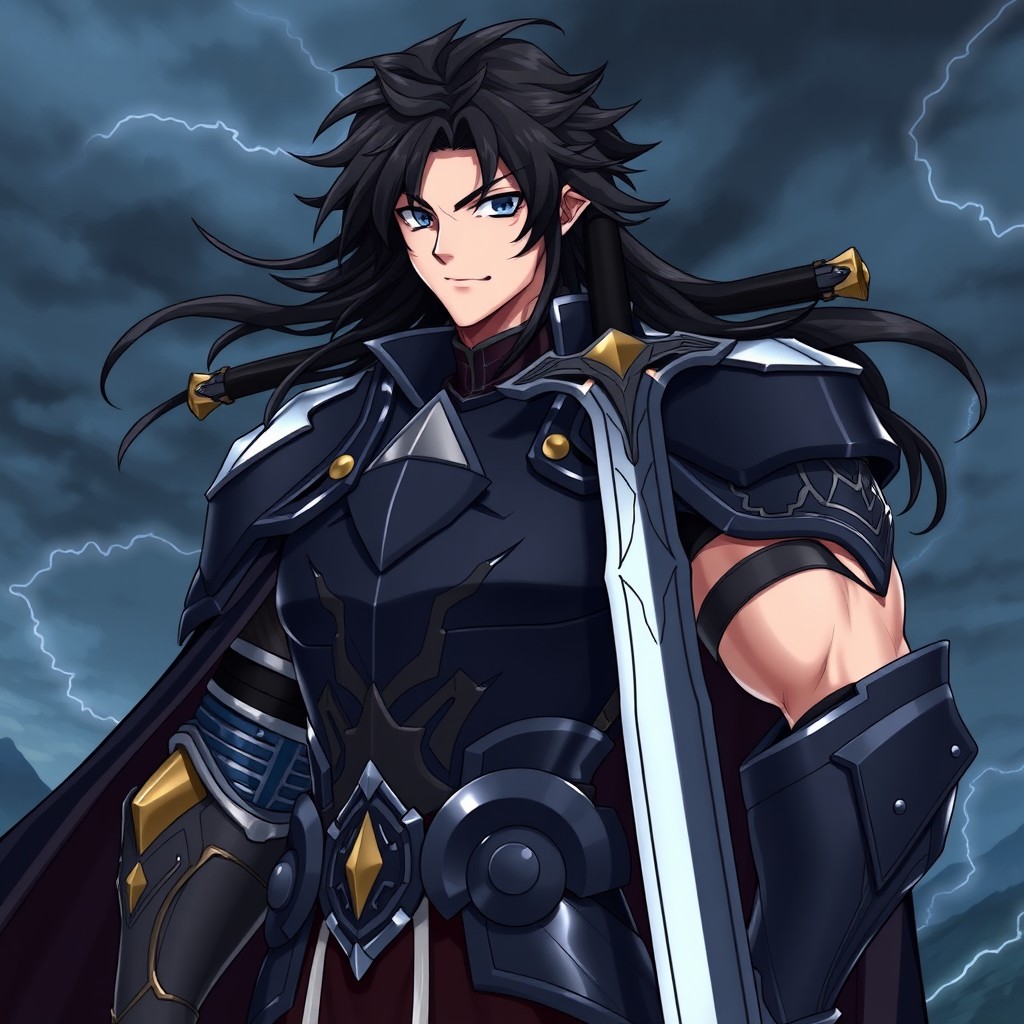 A male version of Darkness from Konosuba, featuring a tall, muscular character in dark knight armor with a knightly cape