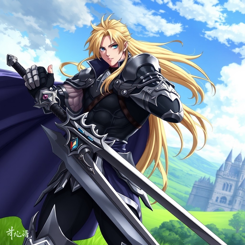 A male version of the character Darkness from the anime Konosuba, depicted as a muscular knight with long, flowing blonde hair and vivid blue eyes