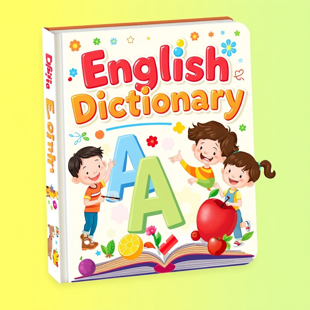 A colorful and engaging book cover for a children's English Dictionary, featuring playful illustrations of everyday objects like a cat, dog, ball, and fruits