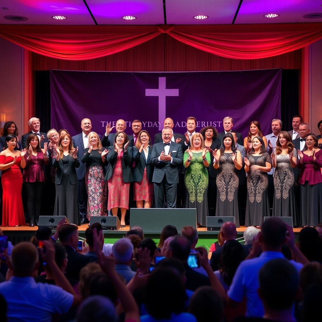 A vibrant and dynamic scene featuring a group of chorus singers performing on stage at a Seventh-day Adventist (SDA) church event