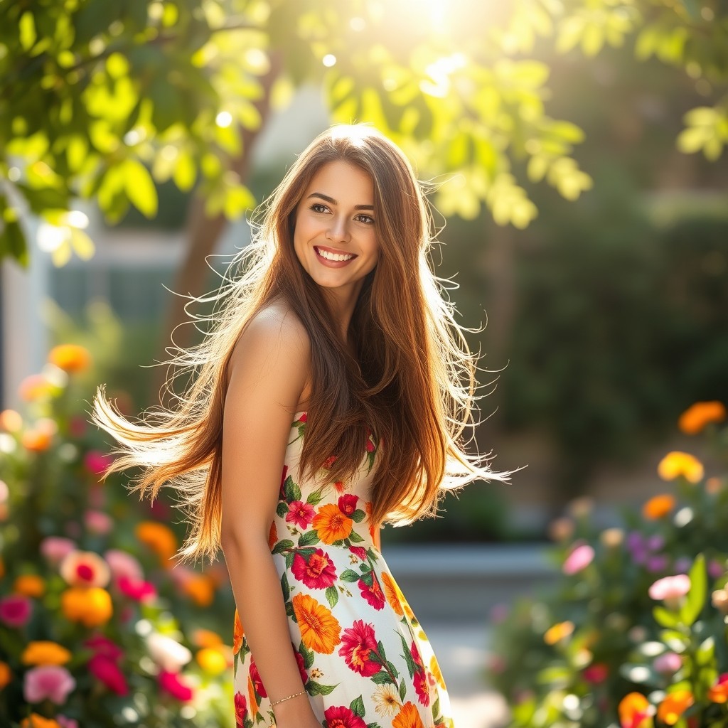 A beautiful woman named Laura with flowing long brunette hair, wearing a stylish, elegant summer dress in a vibrant floral pattern