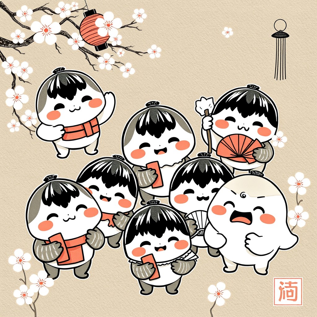 A collection of whimsical cartoonish bombuki characters drawn in traditional Japanese ink style, featuring expressive faces and dynamic poses