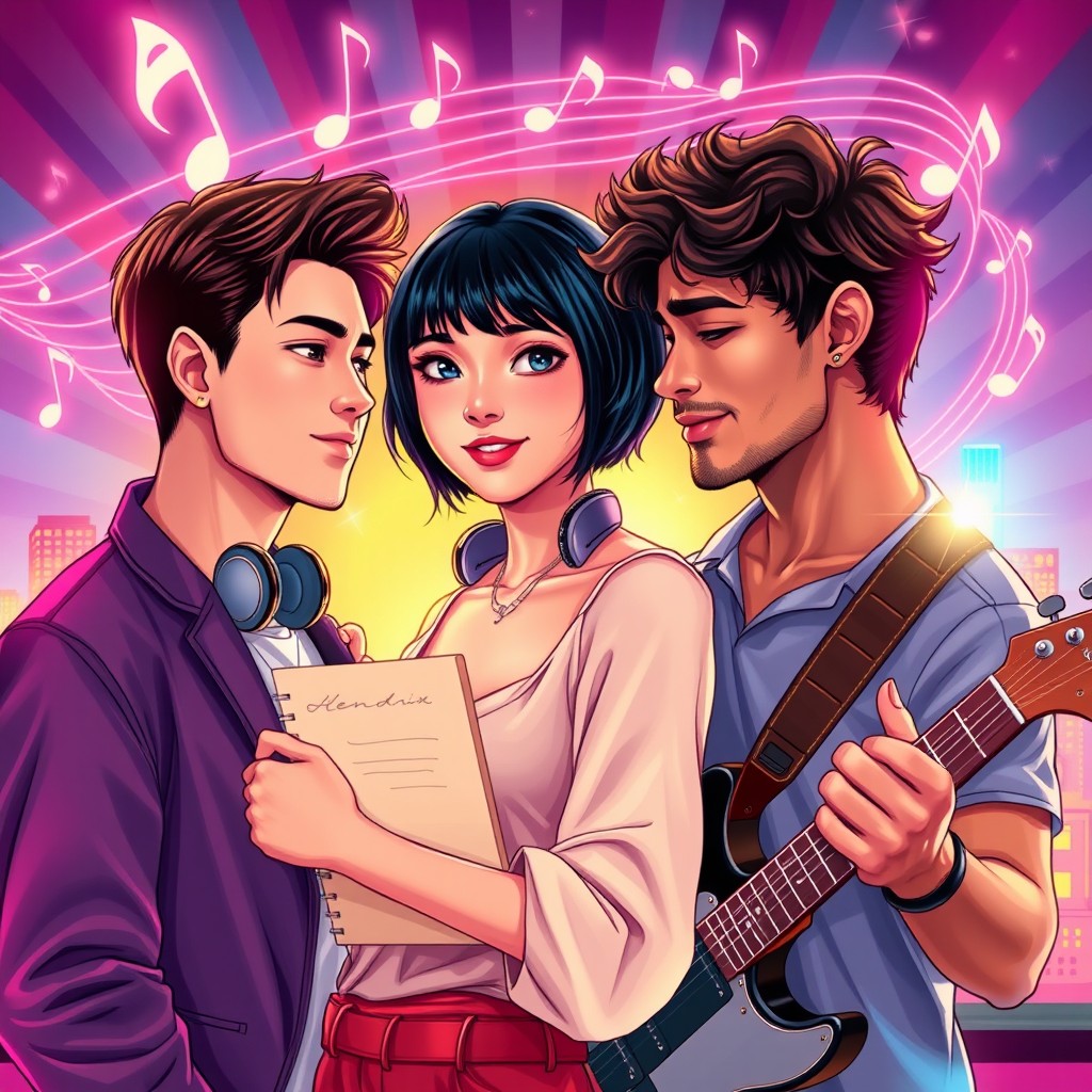 A vibrant, modern romance artwork featuring a confident, stylish Korean-American woman with short black hair and bangs, holding a lyric notebook close to her chest