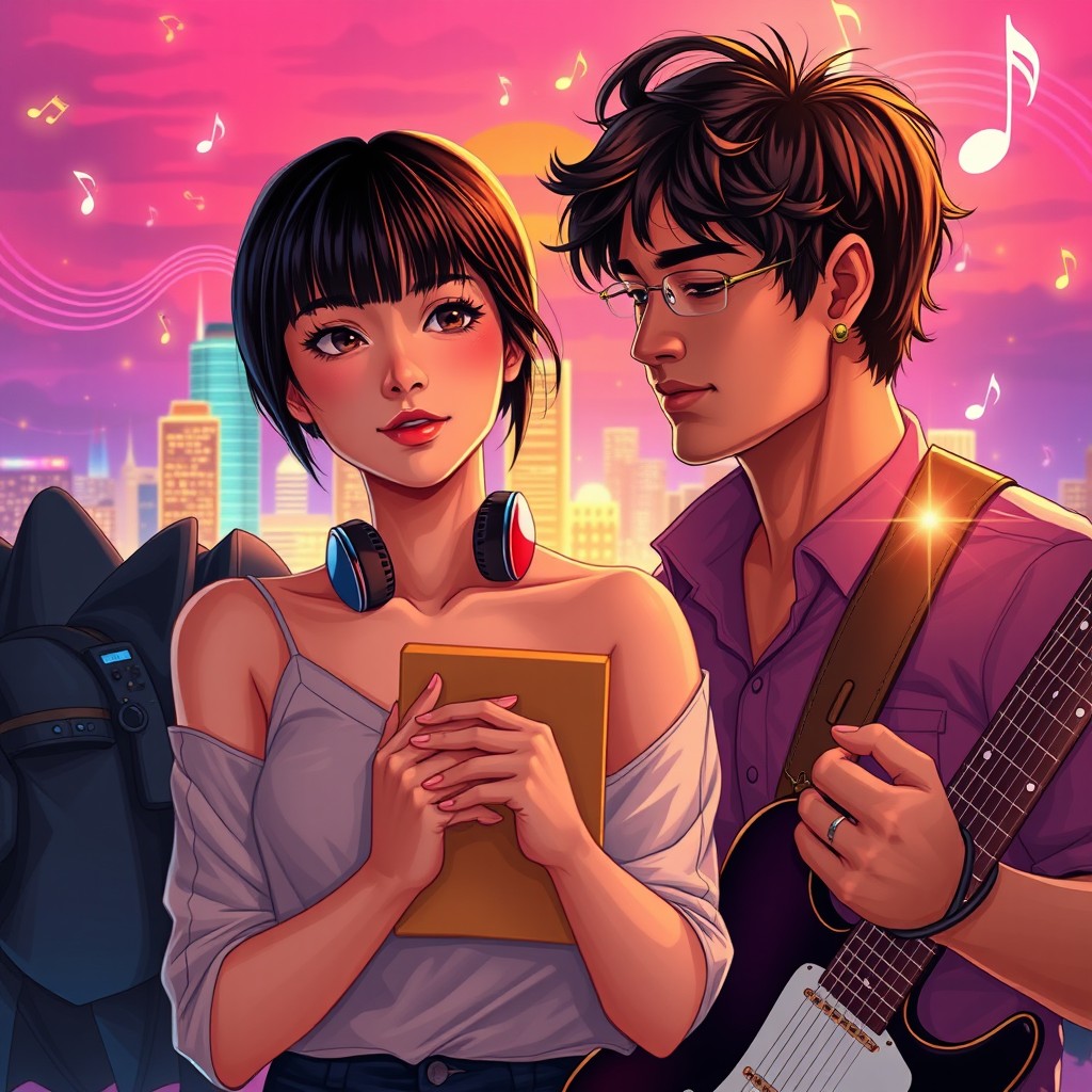 A vibrant, modern romance artwork featuring a confident, stylish Korean-American woman with short black hair and bangs, holding a lyric notebook close to her chest