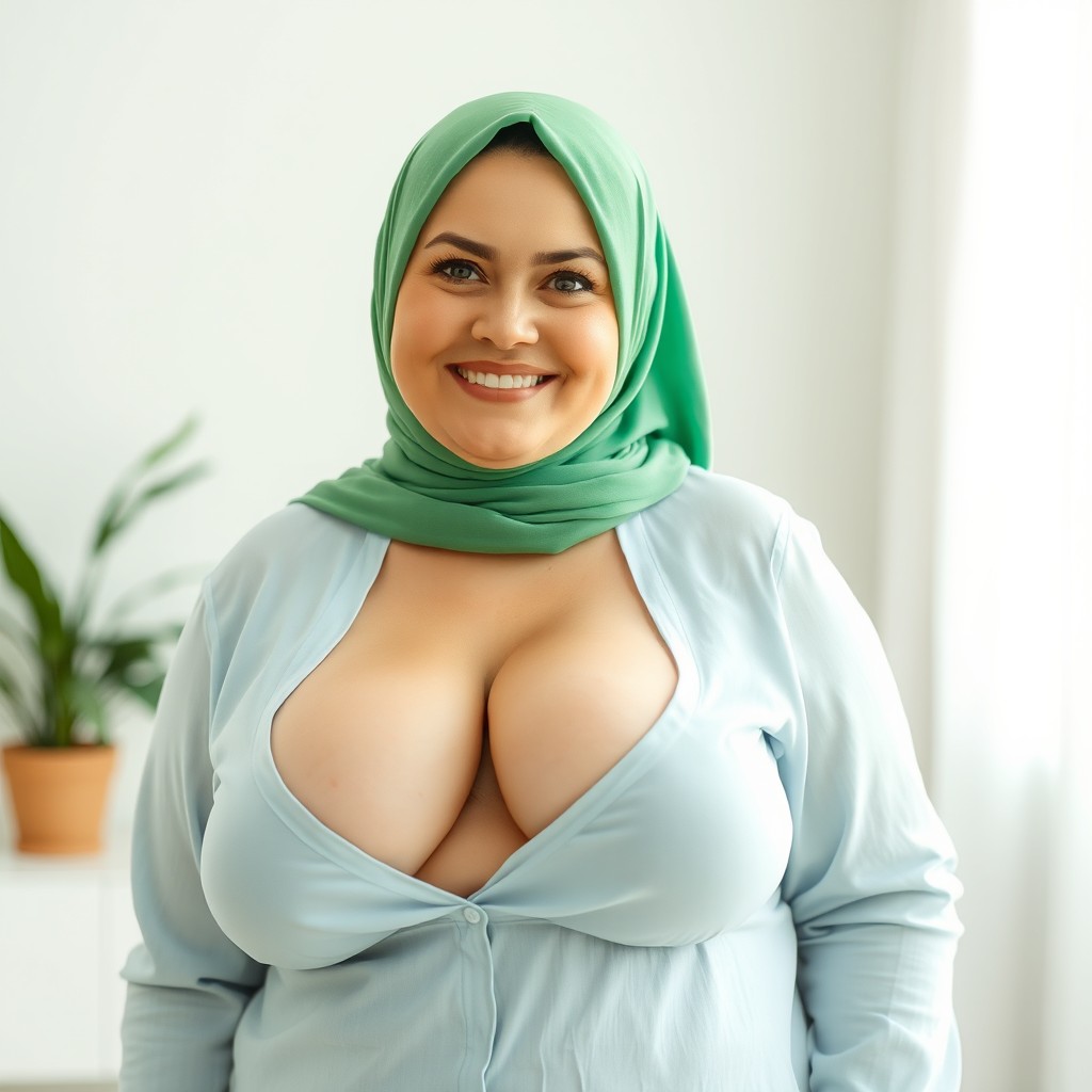 A beautiful and plump Russian woman around 50 years old, wearing a green hijab, standing confidently in a room