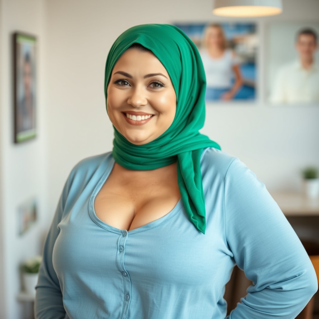 A cheerful and sweet-looking Russian woman, around 50 years old, wearing a green hijab and looking pleasantly plump with a very curvy figure