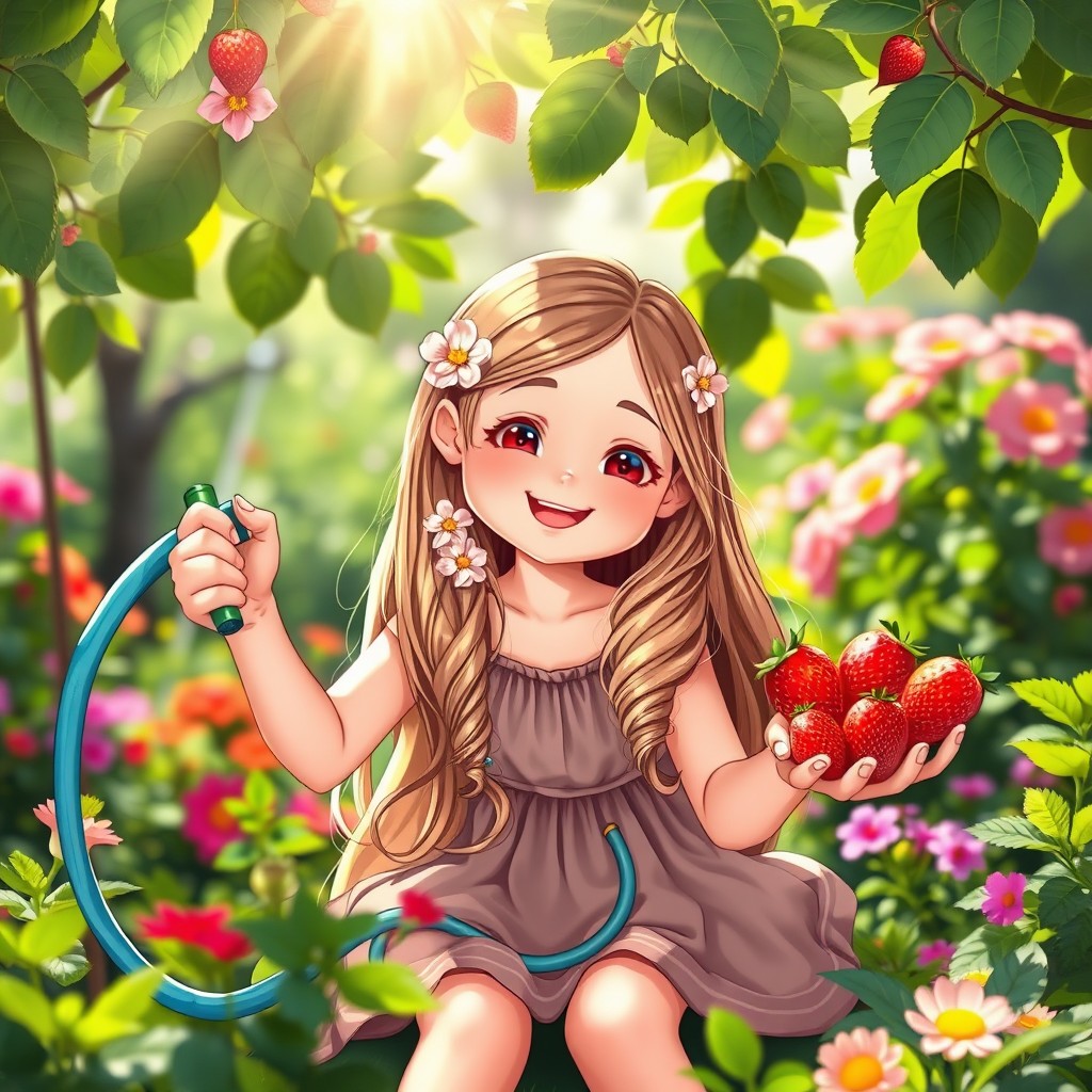 A playful and whimsical scene featuring a girl with a cheerful expression, sitting outdoors in a lush garden