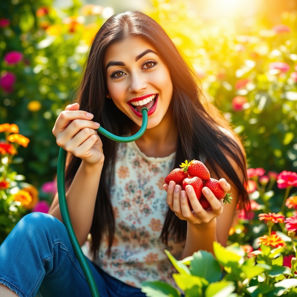 A playful and whimsical scene featuring an adult woman with long, black hair, sitting in a sunny garden