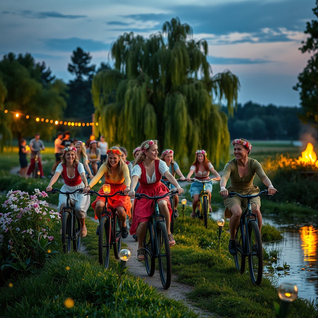 A vibrant celebration of Noc Kupały with participants riding bicycles through a picturesque landscape