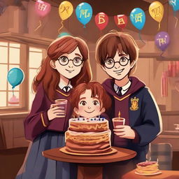 Harry Potter, Hermione Granger, and Ron Weasley in their Hogwarts attire smiling and holding a colorful birthday cake with 'Happy Birthday Khulan' written on it, in a cosy Gryffindor common room.