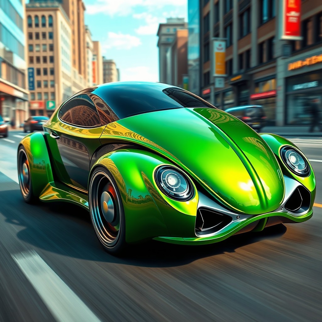 A detailed and futuristic design of a car shaped like a beetle, featuring an aerodynamic body with smooth curves and a glossy finish