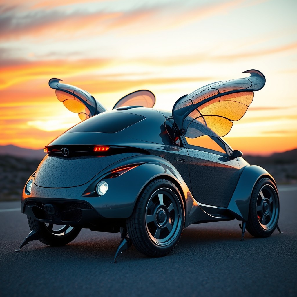 An innovative and artistic design of a car that is fused with the features of a beetle, showcasing an imaginative blend of technology and nature